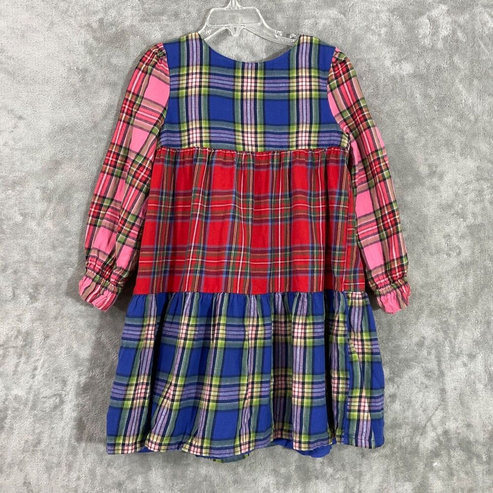 Mini Boden Blue Patch work plaid Ruffle Dress Girls 6/7 Prairie Cottage Lined LS